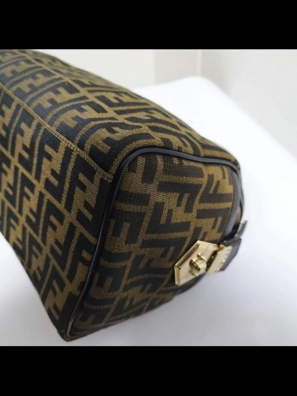 Fendi Brown FF Monogram Canvas Satchel with Black Leather Handles